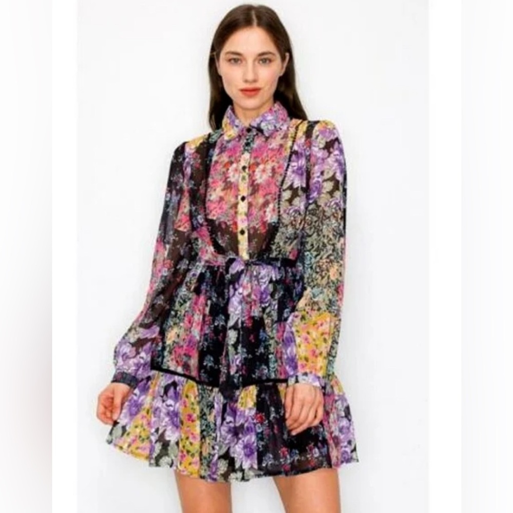 ZARA Amelia Patchwork Floral Button Front Tie Dre… - image 1